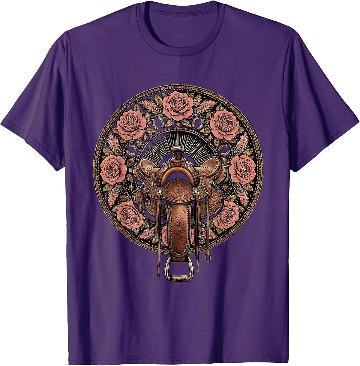 Men's Western Saddle with Roses Rodeo Graphic T-Shirt - Purple