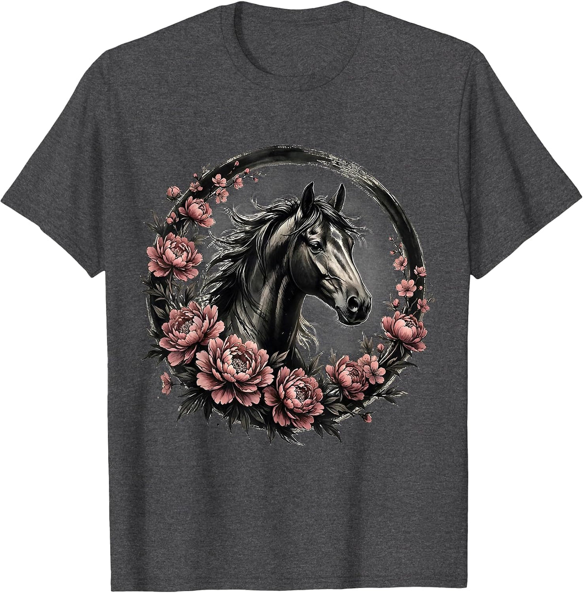 Floral Wreath Horse Portrait Graphic Design T-Shirt - Dark Heather Grey