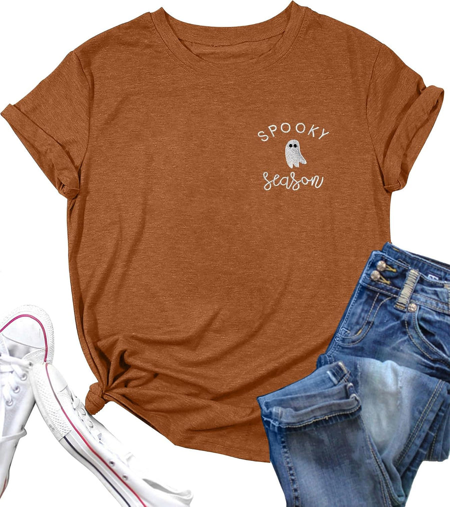 Halloween Shirts for Women Spooky Season Embroidered Ghost Tshirt - Brown