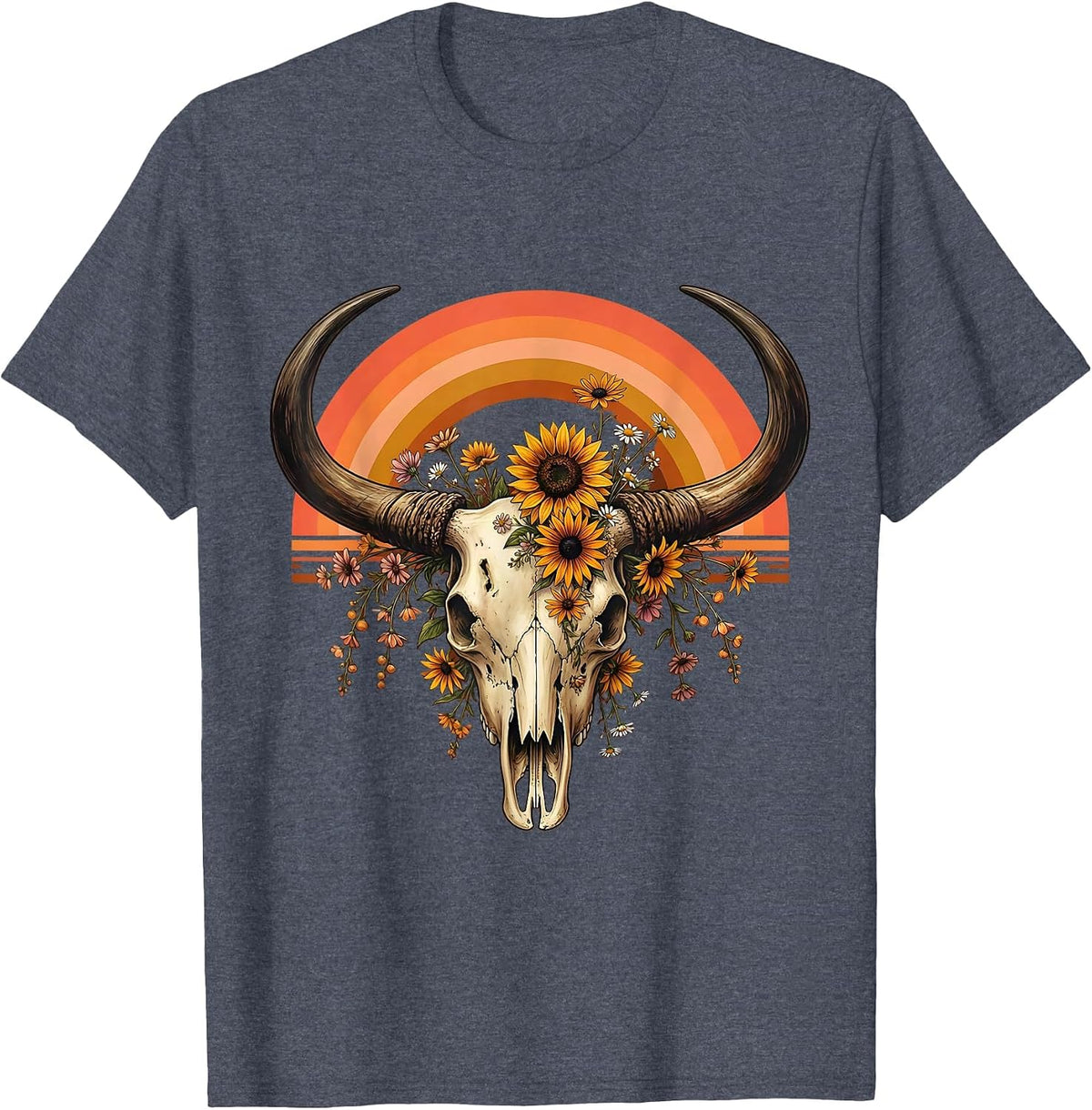 Longhorn Skull Prairie Wildflower Western Design T-Shirt - Heather Blue