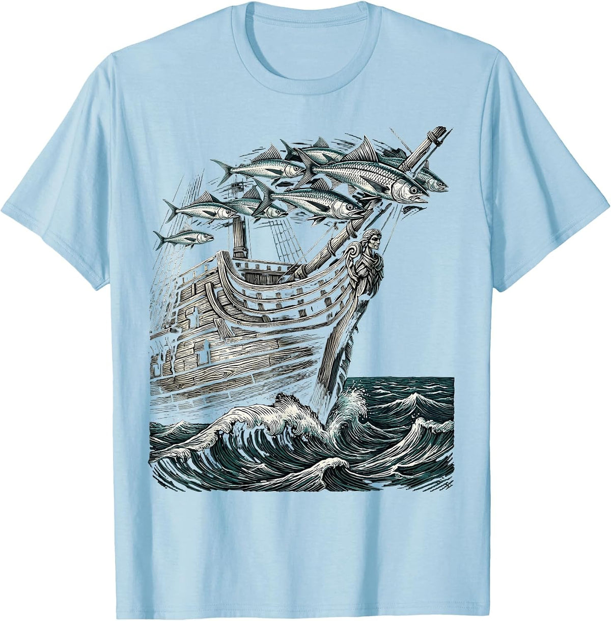 Men's Flying Fish Over Ship Bow Cruise Graphic T-Shirt - Baby Blue