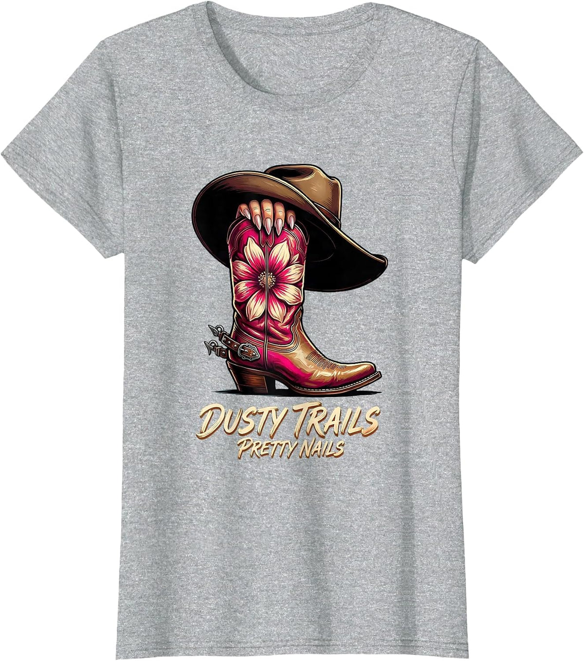 Dusty Trails Pretty Nails Pink Cowgirl Design T-Shirt - Heather Grey