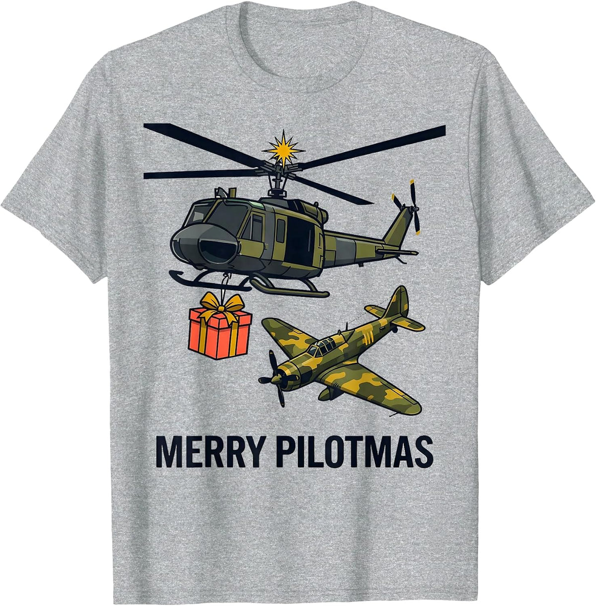 Men's Merry Pilotmas Midcentury Modern Military Helicopter T-Shirt - Heather Grey