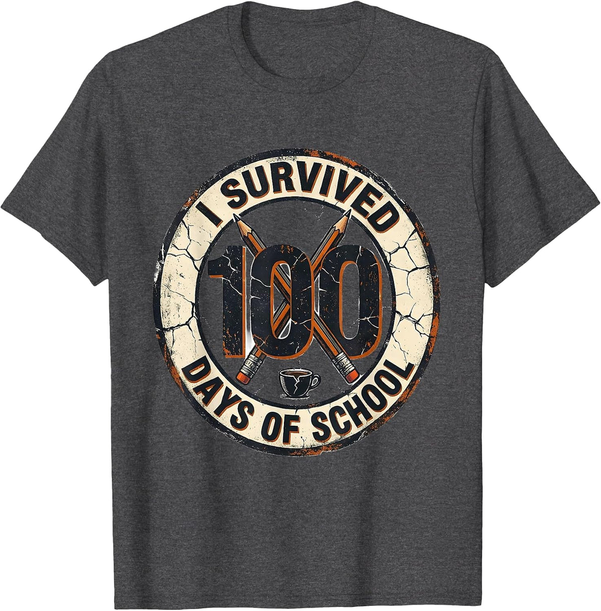 Men's I Survived 100 Days Of School Distressed Teacher Humor T-Shirt - Dark Heather Grey