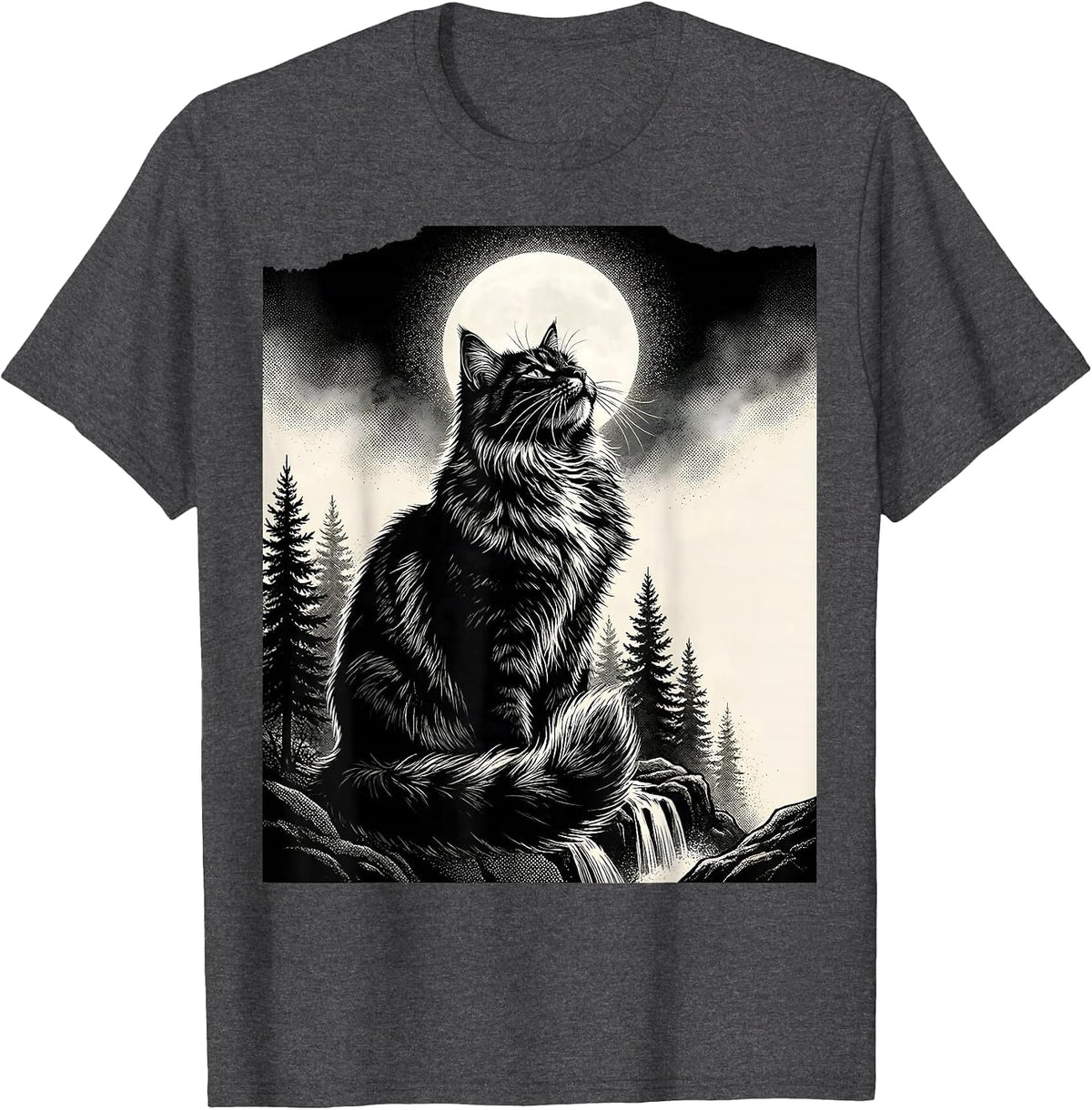 Men's Norwegian Forest Cat Howling at Moon Retro Fantasy T-Shirt - Dark Heather Grey