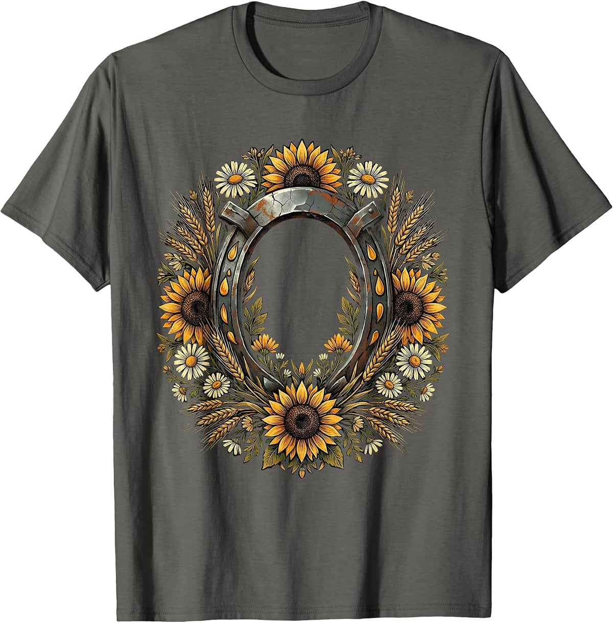 Horseshoe Wildflower Floral Botanical Illustration T-Shirt - Asphalt Grey