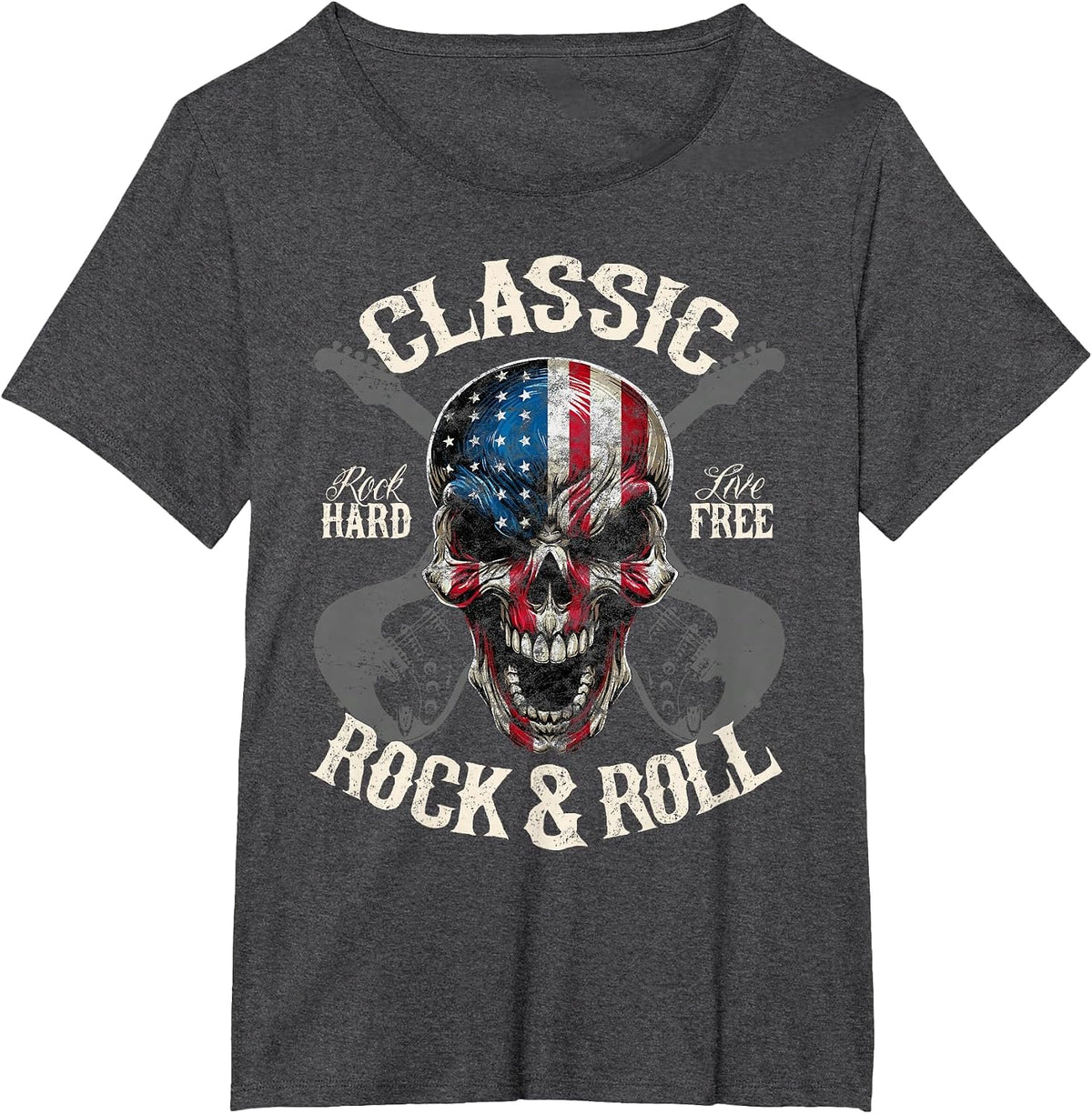 Classic Rock and Roll American Flag Guitar Skull Concert T-Shirt - Dark Heather Grey