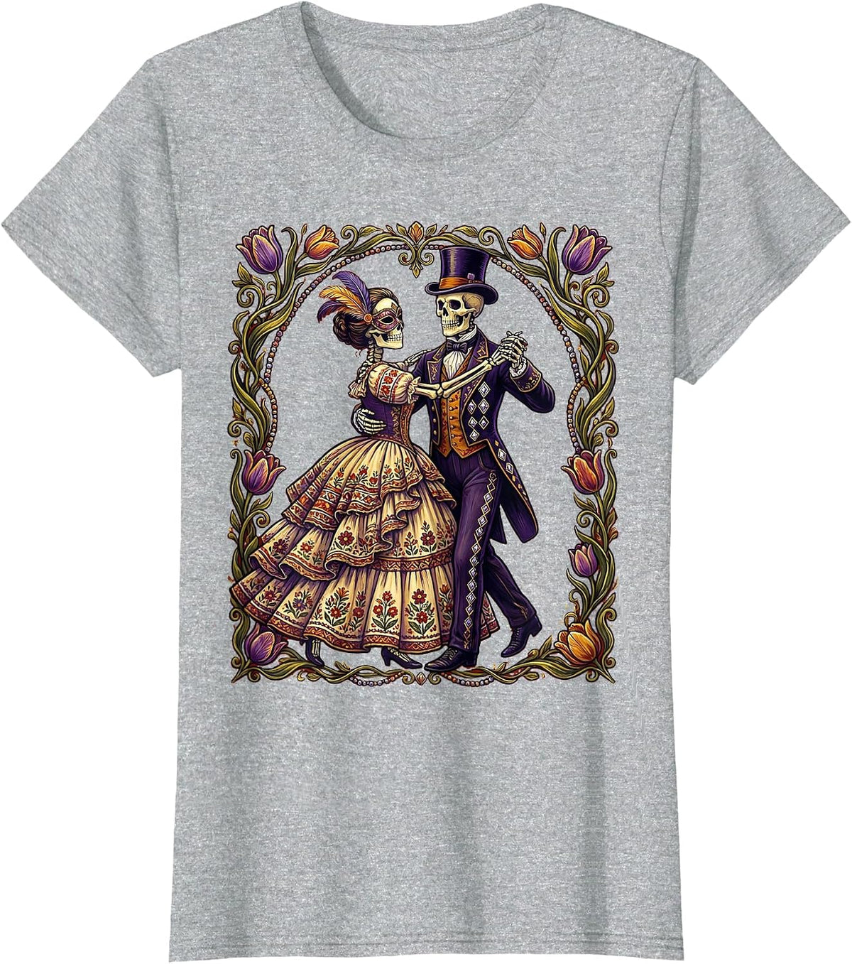 Mardi Gras Dancing Skeletons Ballroom Costume T-Shirt - Heather Grey