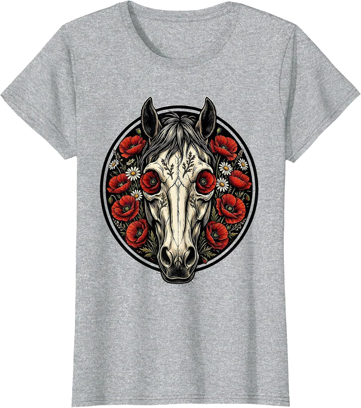 Horse Skull Wildflowers Boho Nature Art Design T-Shirt - Heather Grey