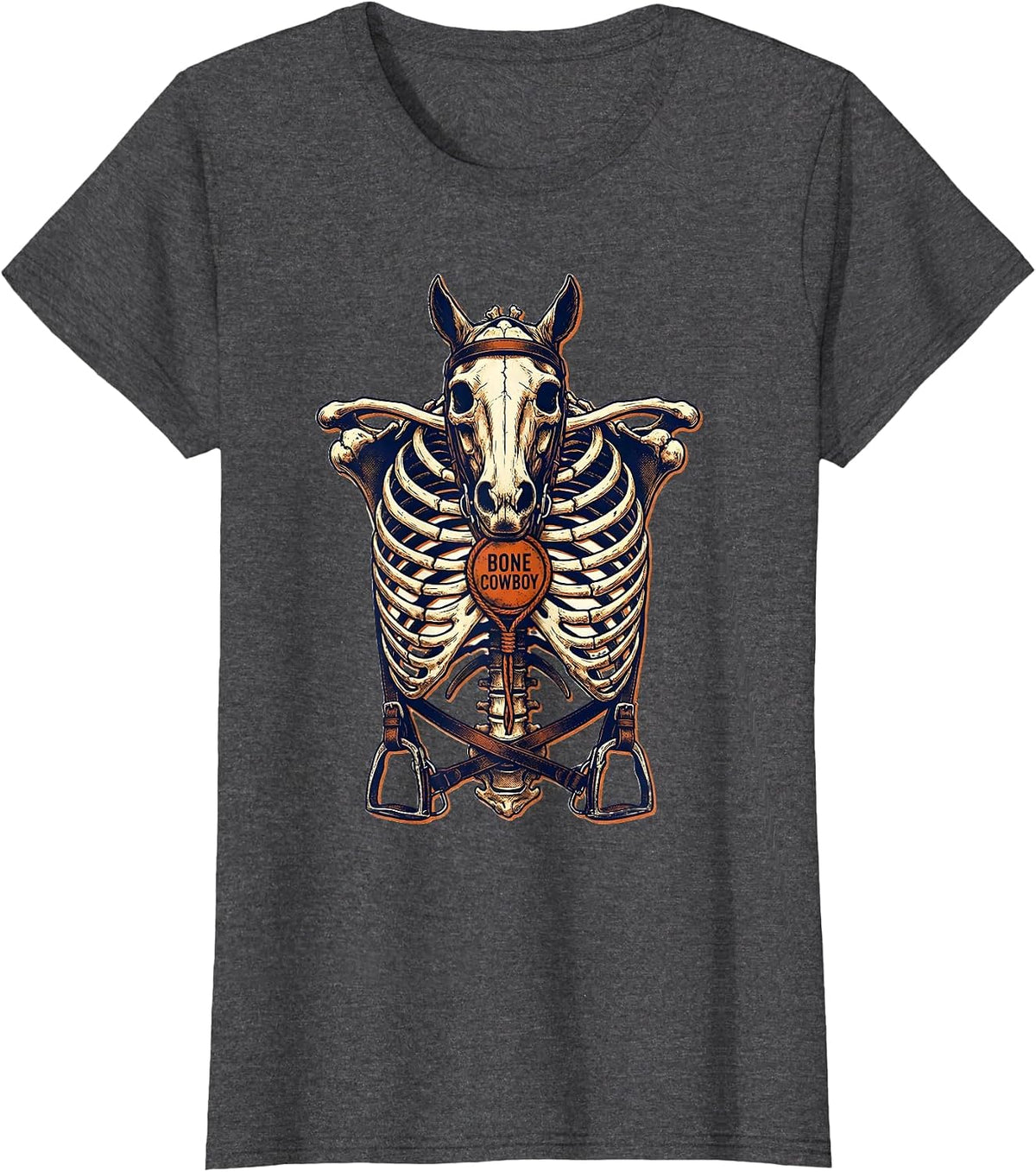 Women's Bone Cowboy Risograph Skeleton Horse Equestrian Halloween T-Shirt - Dark Heather Grey