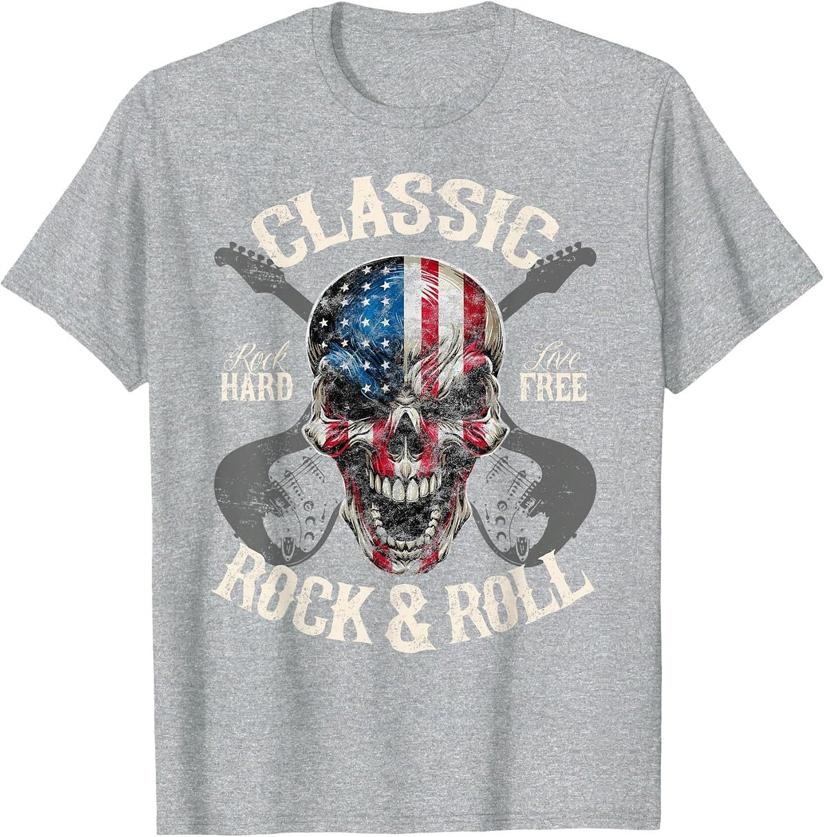 Classic Rock and Roll American Flag Guitar Skull Concert T-Shirt - Heather Grey