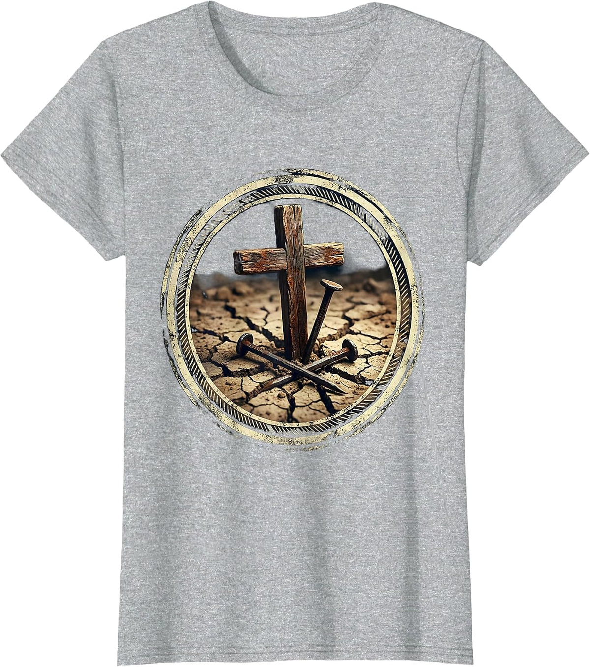 Women's Three Nails Cross Rising from Cracked Earth T-Shirt - Heather Grey