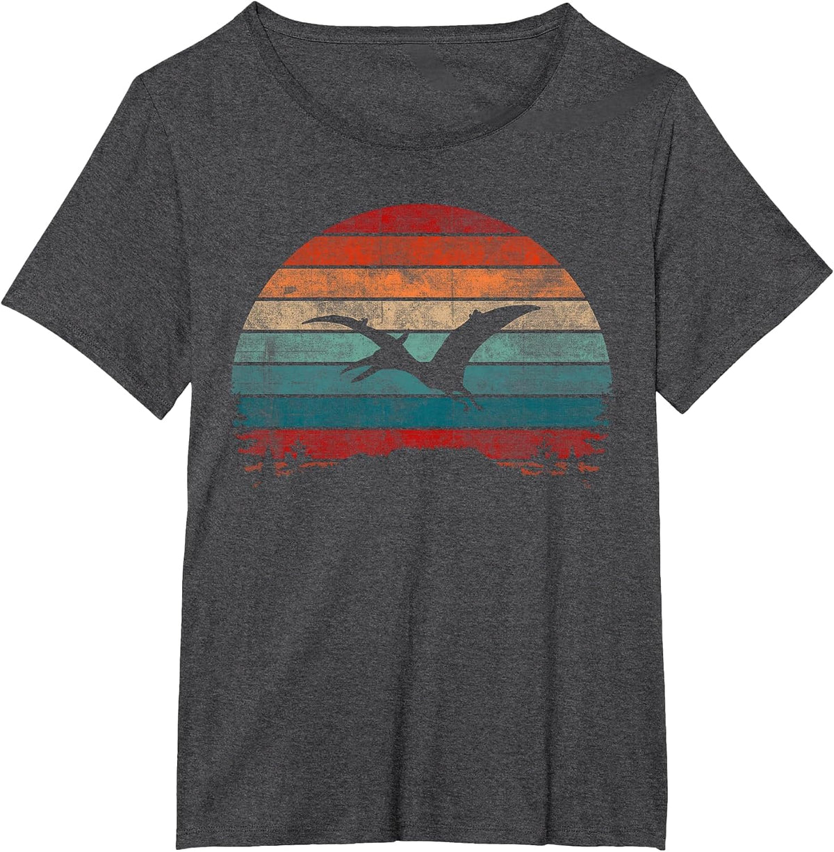 Retro Sunset Jurassic Pteranodon Dinosaur T-Shirt - Dark Heather Grey