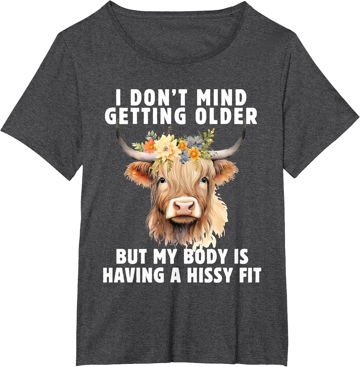 Highland Cow I Don't Mind Getting Older But My Body Does T-Shirt - Dark Heather Grey