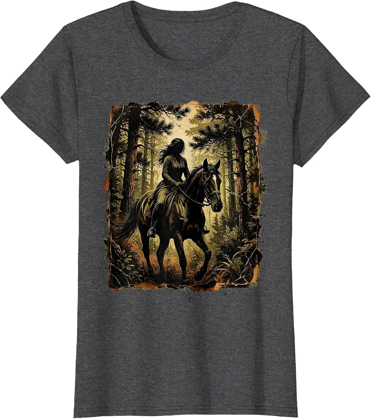 Women's Camo Horseback Rider Woodland Landscape Graphic T-Shirt - Dark Heather Grey