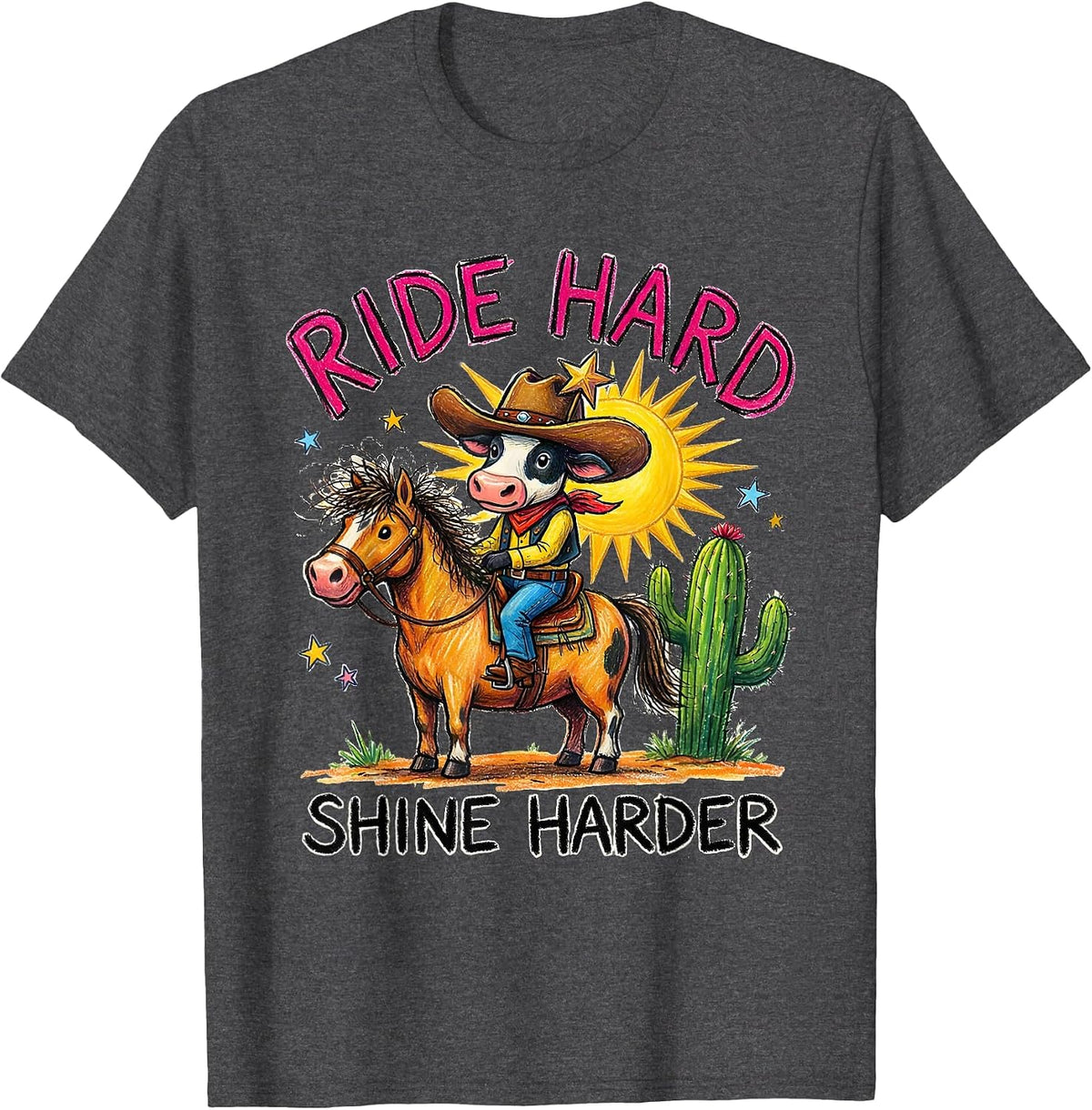 Ride Hard Shine Harder Western Cowgirl Design T-Shirt - Dark Heather Grey