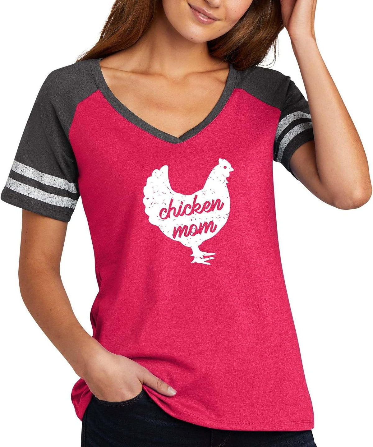 Chicken Mom Funny Farm Animal Graphic Top Ladies Game Day V-Neck Tee - Ladies V-Neck Heathered Watermelon\/Heathered Charcoal