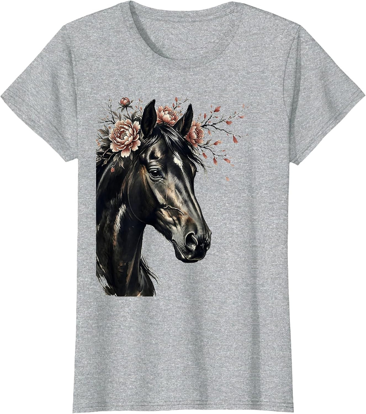 Horse Head Portrait with Floral Crown Illustration T-Shirt - Heather Grey