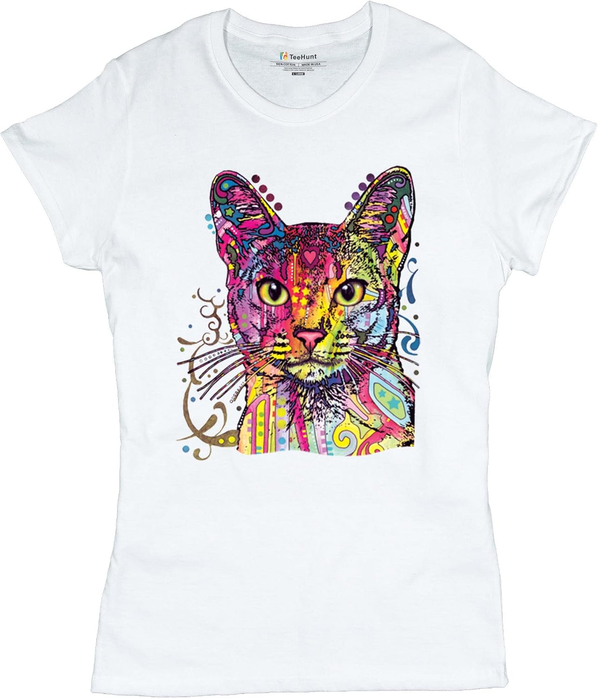 Dean Russo Abyssinian Cat T-Shirt Neon Colorful Cute Kitten Women's Tee - White