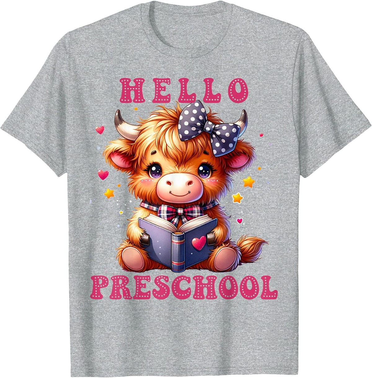 Hello Preschool Cute Highland Cow Lover Back to School T-Shirt - Heather Grey