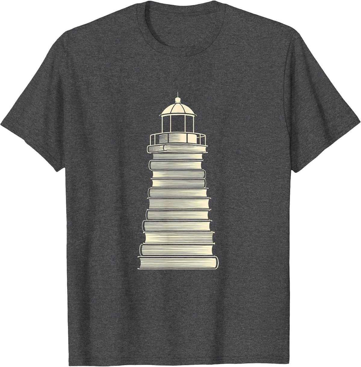 Reading Teacher Lighthouse Built from Stacked Books T-Shirt - Dark Heather Grey