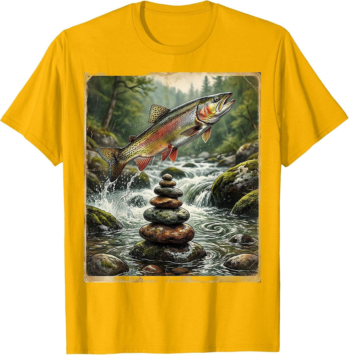 Men's Stacked River Rocks Trout Stream Fishing Graphic T-Shirt - Golden Yellow