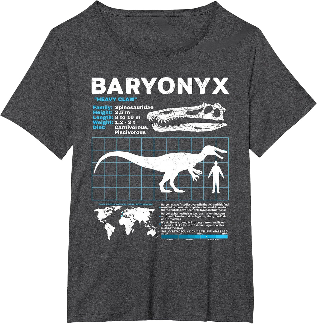 Baryonyx fact Sheet Dinosaur Facts T-Shirt - Dark Heather Grey