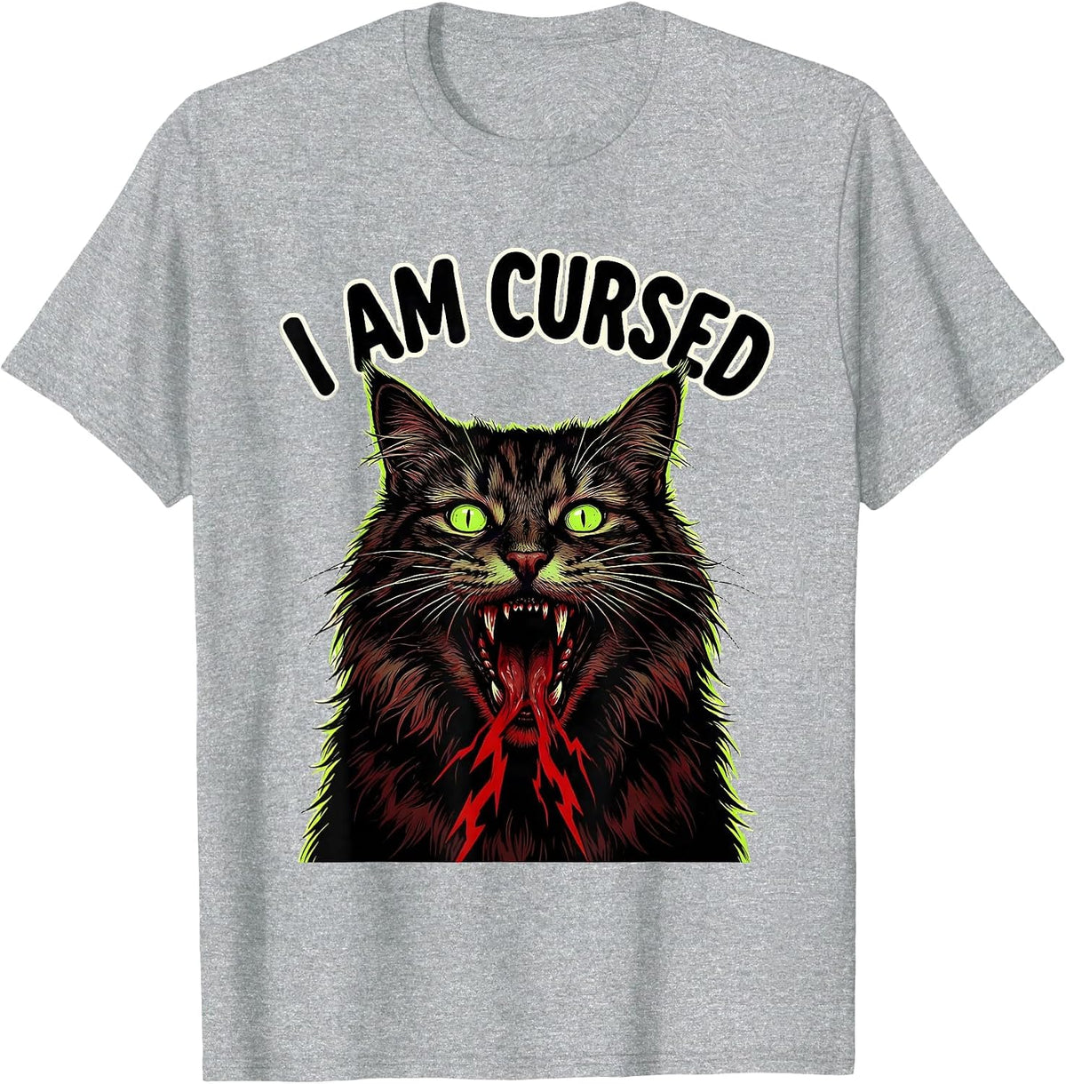 Men's I Am Cursed Horror Funny Cat Meme Bootleg Brainrot T-Shirt - Heather Grey