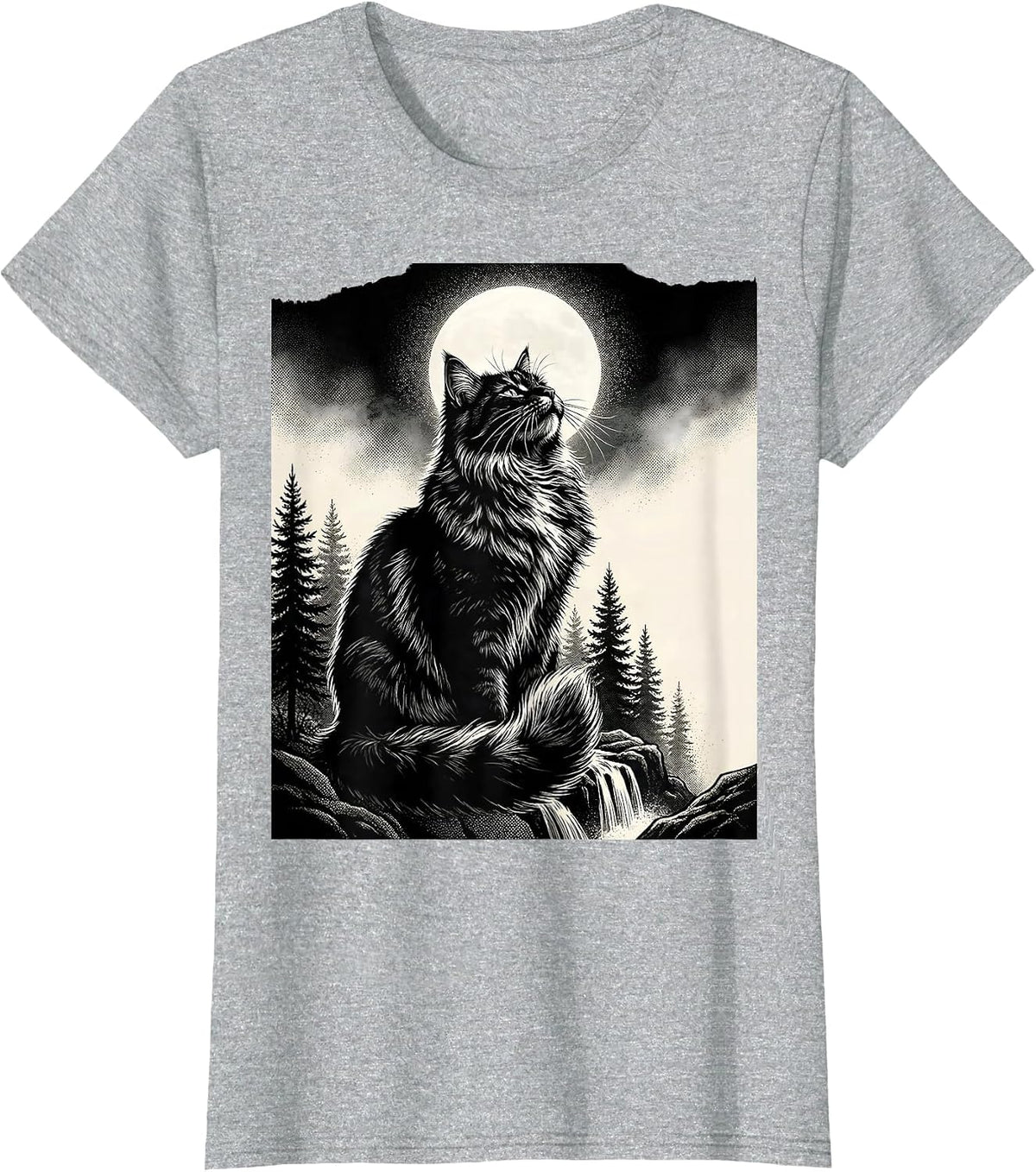 Women's Norwegian Forest Cat Howling at Moon Retro Fantasy T-Shirt - Heather Grey