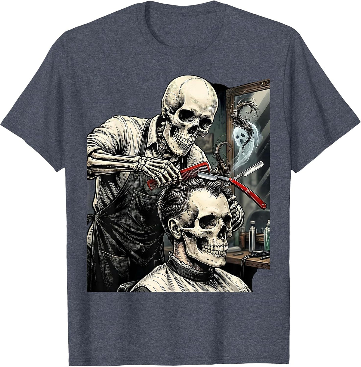 Skeleton Hairstylist Barber Halloween Gothic Humor T-Shirt - Heather Blue
