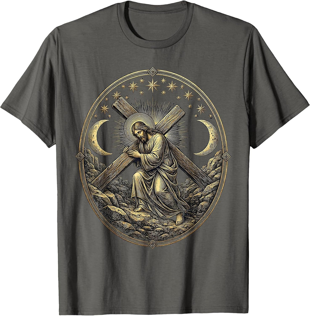 Bearded Jesus Carrying the Cross Uphill T-Shirt - Asphalt Grey