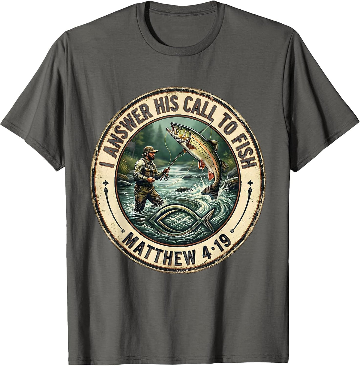 I Answer His Call To Fish — Matthew 4:19 Vintage T-Shirt - Asphalt Grey