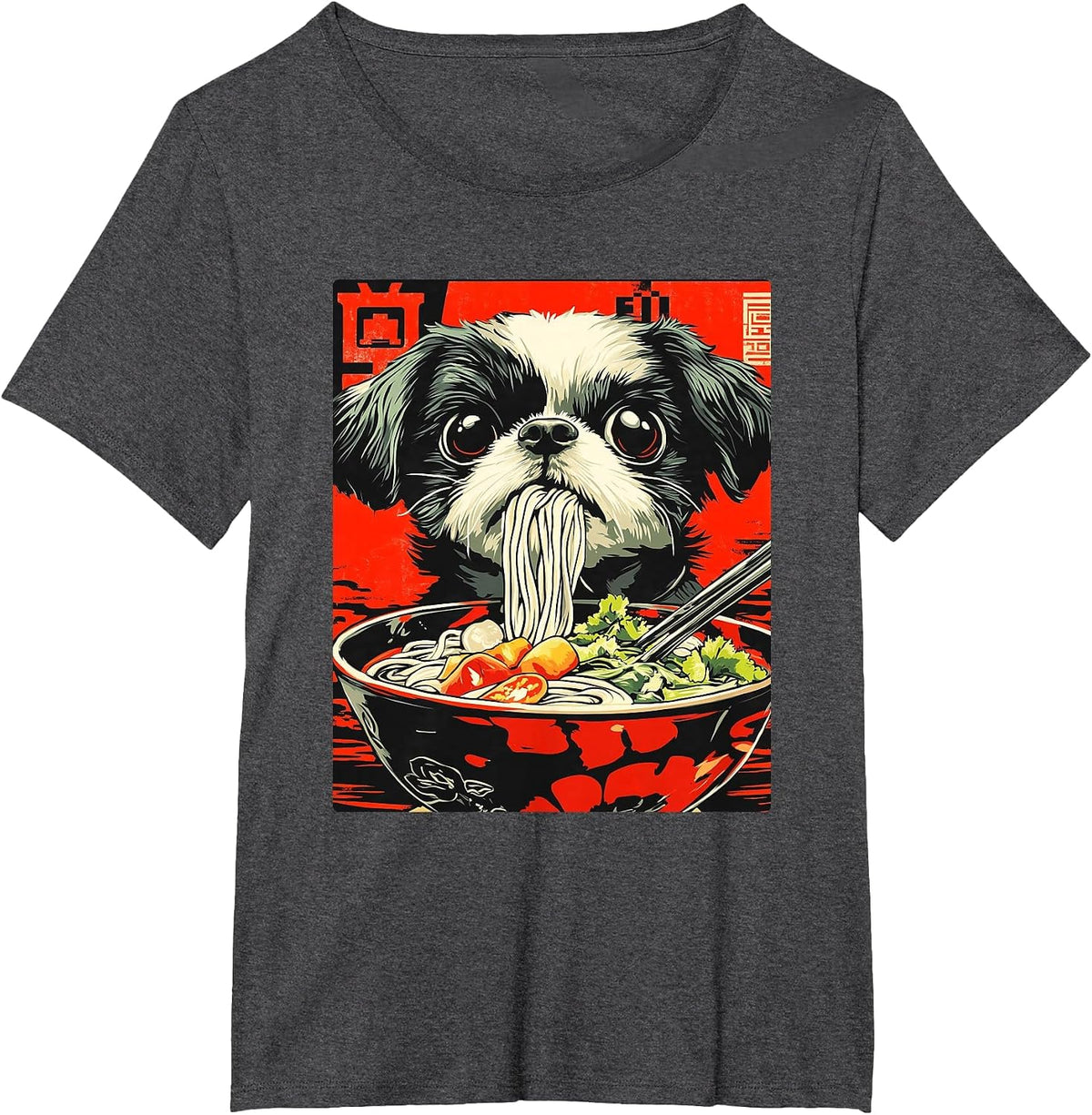 Shih Tzu Eating Japanese Ramen T-Shirt - Dark Heather Grey