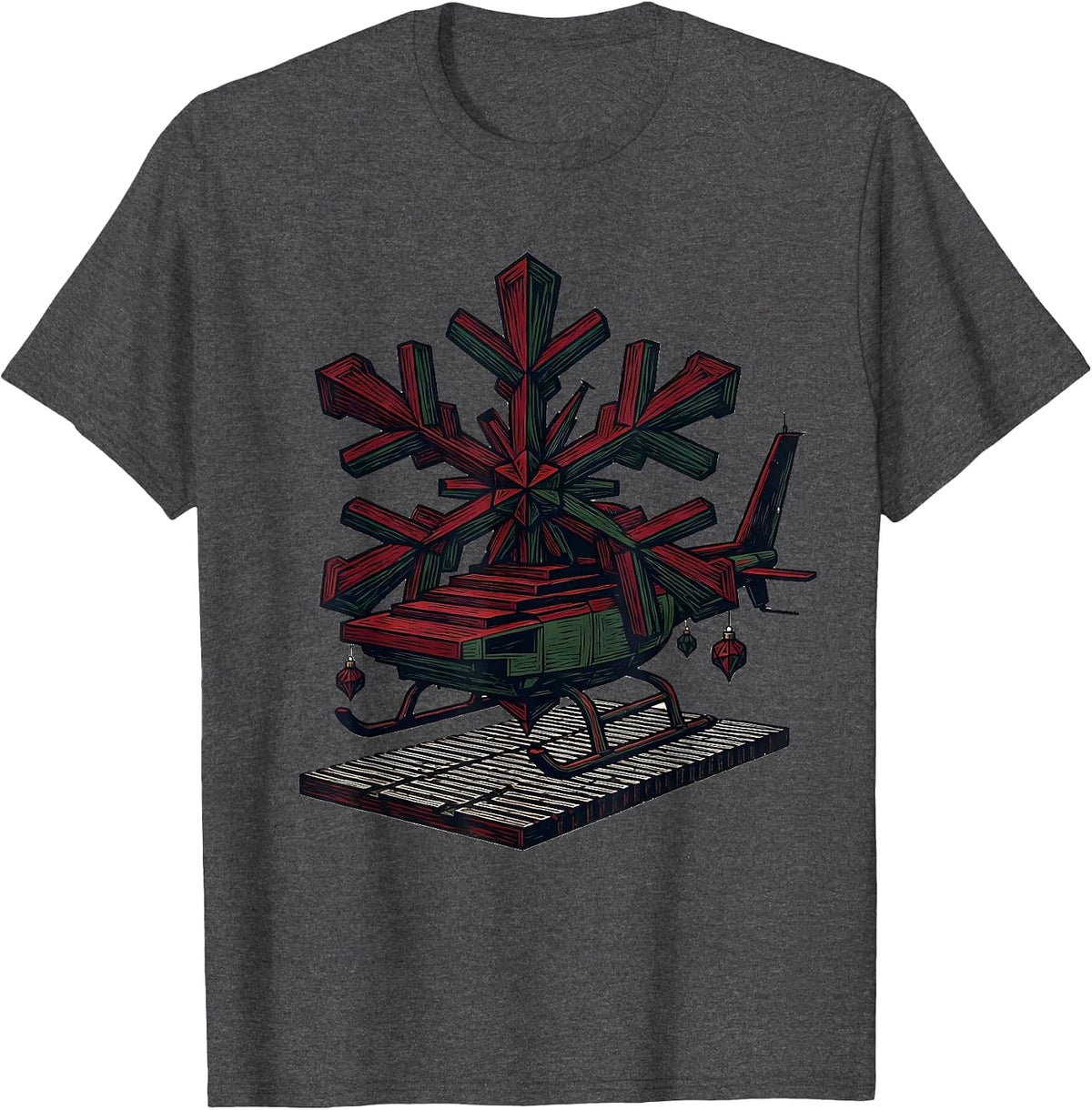 Helicopter Snowflake Linocut Christmas Pilot Aviation Humor T-Shirt - Dark Heather Grey