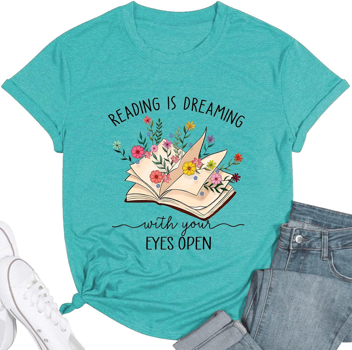 Womens Reading Shirt Funny Teacher Tshirt Book Flower Gragphic Tops Bookworm Shirts Booklover Tee - Cyan