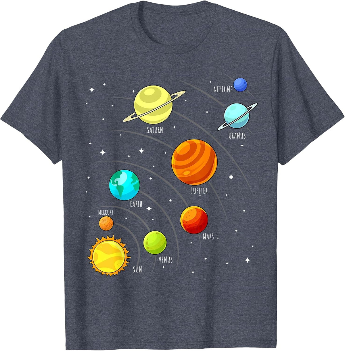 Kids Colorful Planets Solar Systems Space Science Boys Girls T-Shirt - Heather Blue