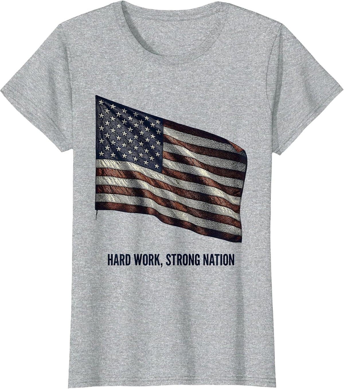 Hard Work Strong Nation American Flag Design T-Shirt - Heather Grey