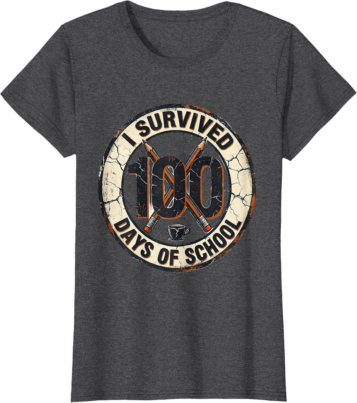 Women's I Survived 100 Days Of School Distressed Teacher Humor T-Shirt - Dark Heather Grey