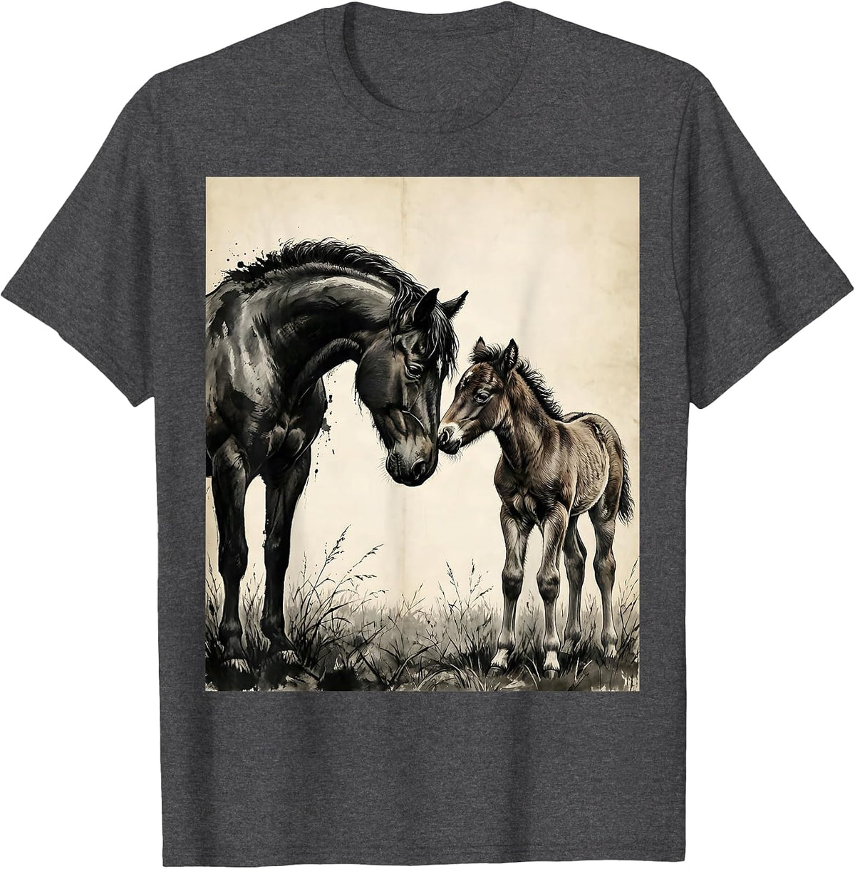 Mare and Foal Nuzzling Meadow Horse Lover Design T-Shirt - Dark Heather Grey