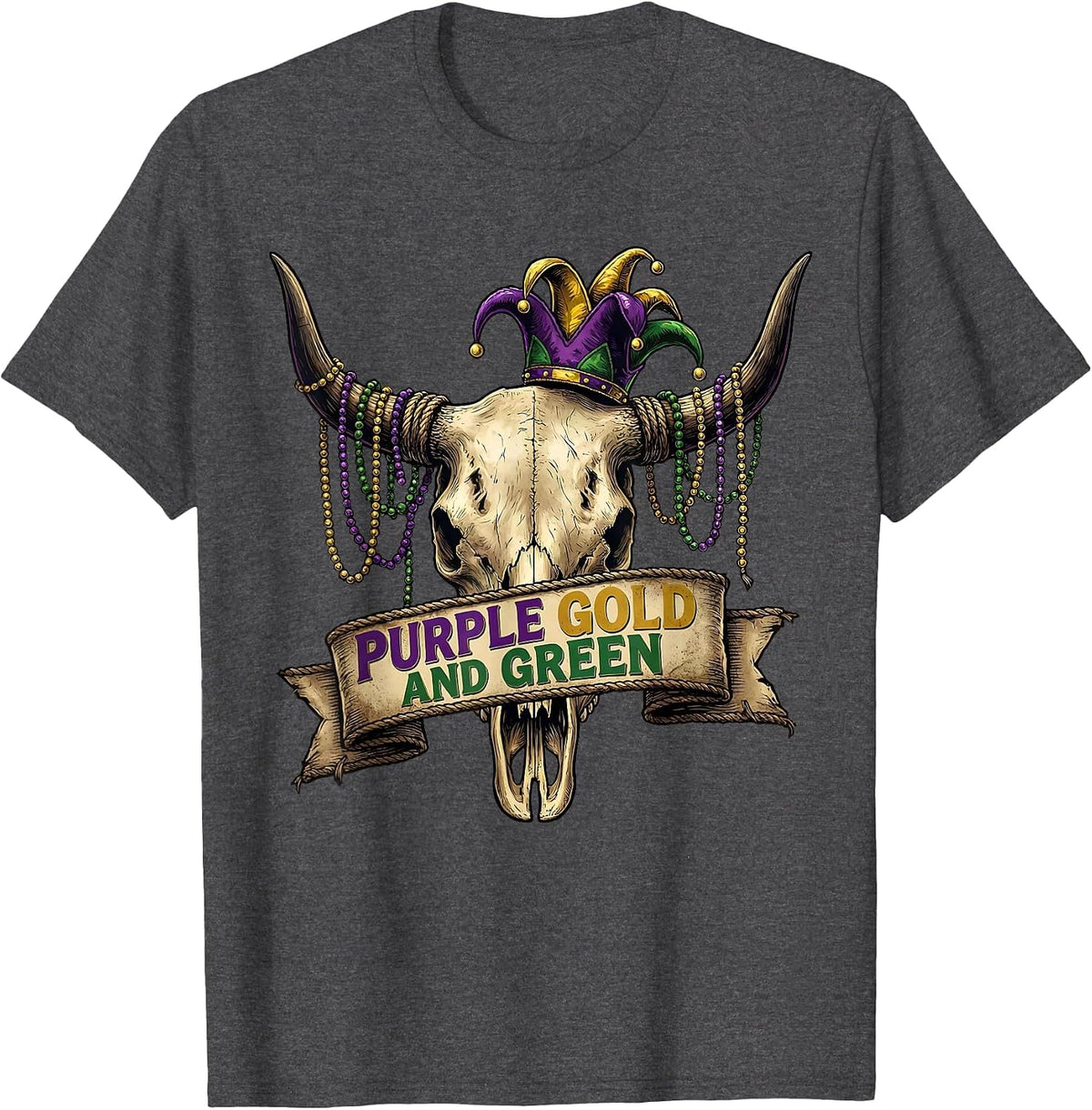 Purple Gold and Green Mardi Gras Celebration Design T-Shirt - Dark Heather Grey