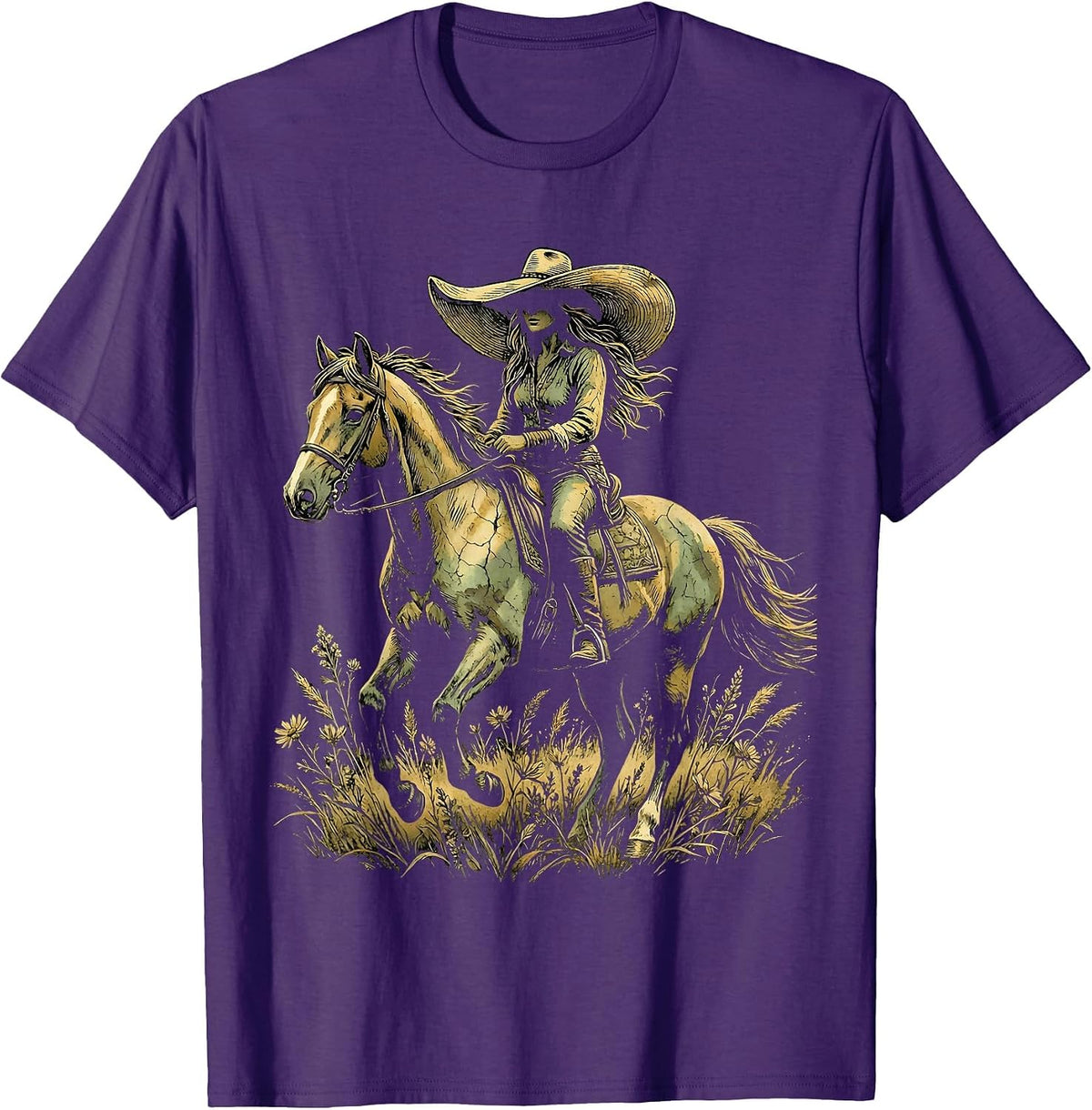 Western Cowboy Hat Horseback Rider Graphic T-Shirt - Purple
