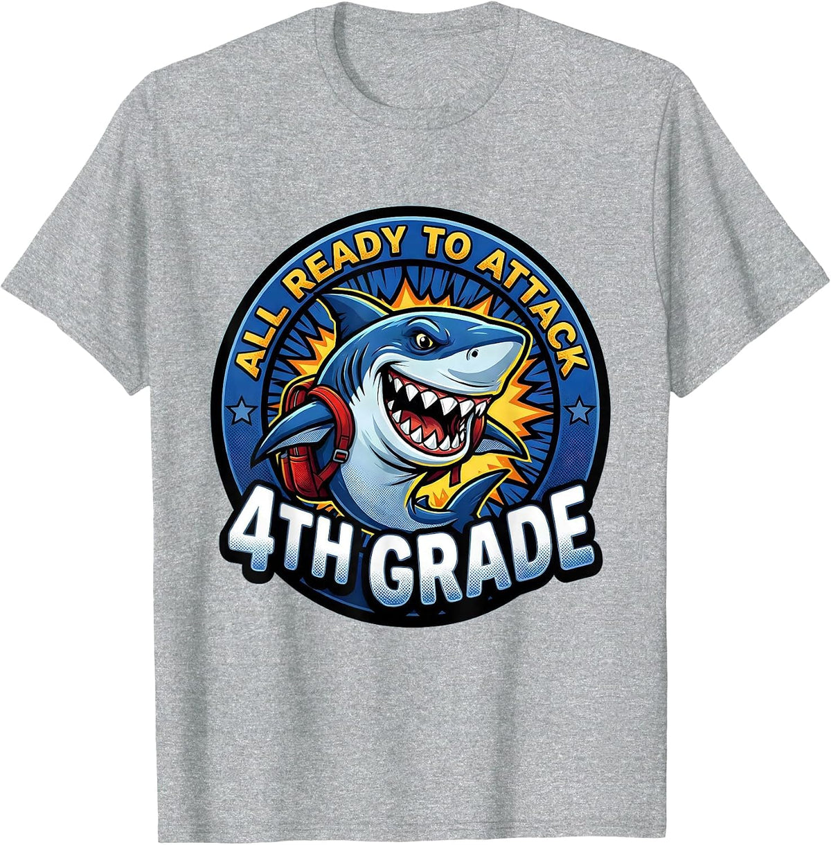 Men's All Ready To Attack 4th Grade Comic Book Shark Boys First T-Shirt - Heather Grey