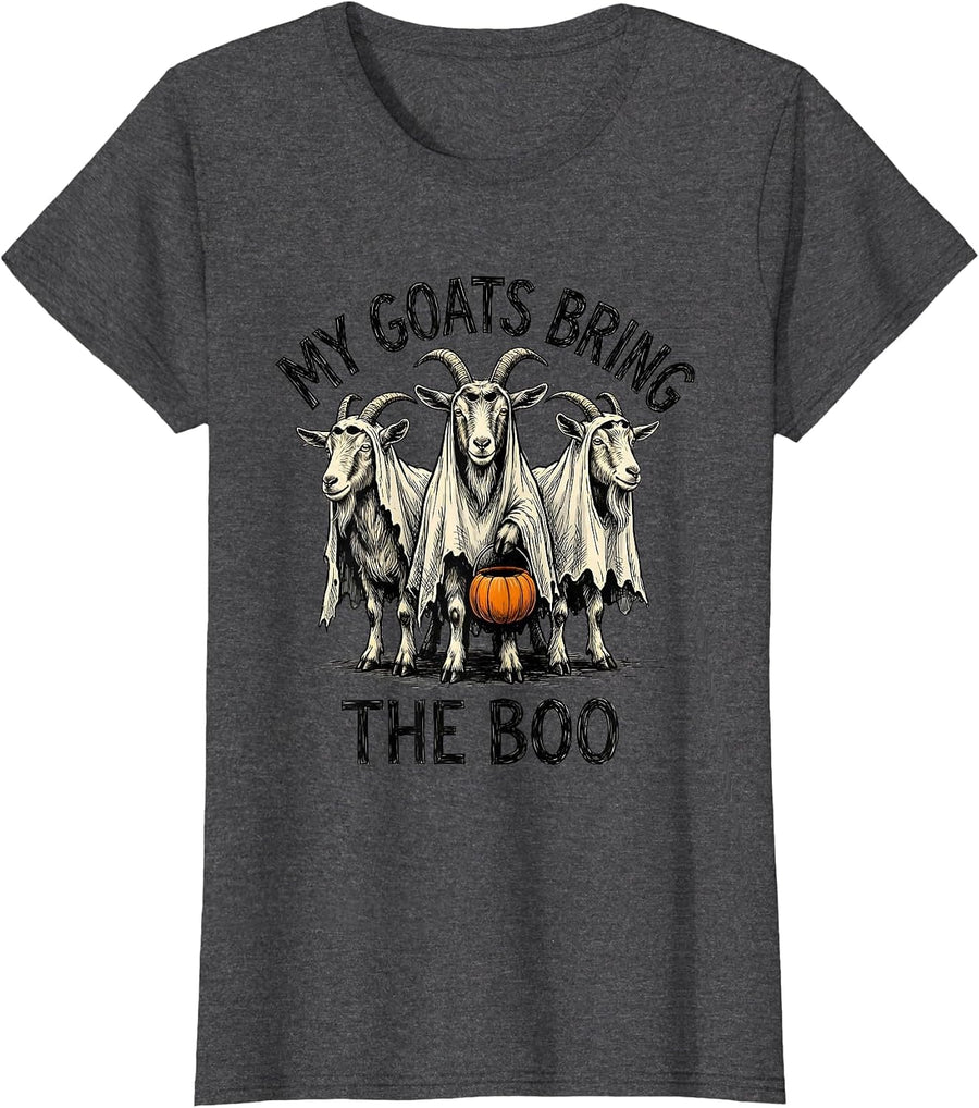 Women's My Goats Bring The Boo Whimsical Halloween Goat Lover Spooky T-Shirt - Dark Heather Grey