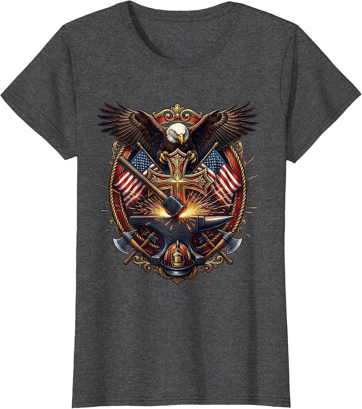 Women's Forge Hammer and Anvil Sparks Blacksmith Graphic T-Shirt - Dark Heather Grey