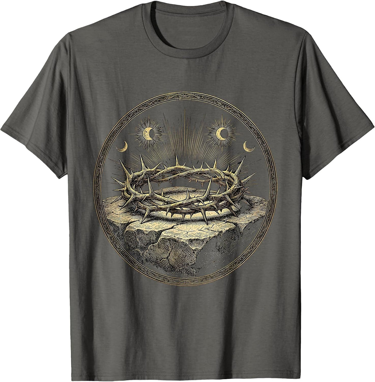 Crown of Thorns on Stone Christian Faith Design T-Shirt - Asphalt Grey