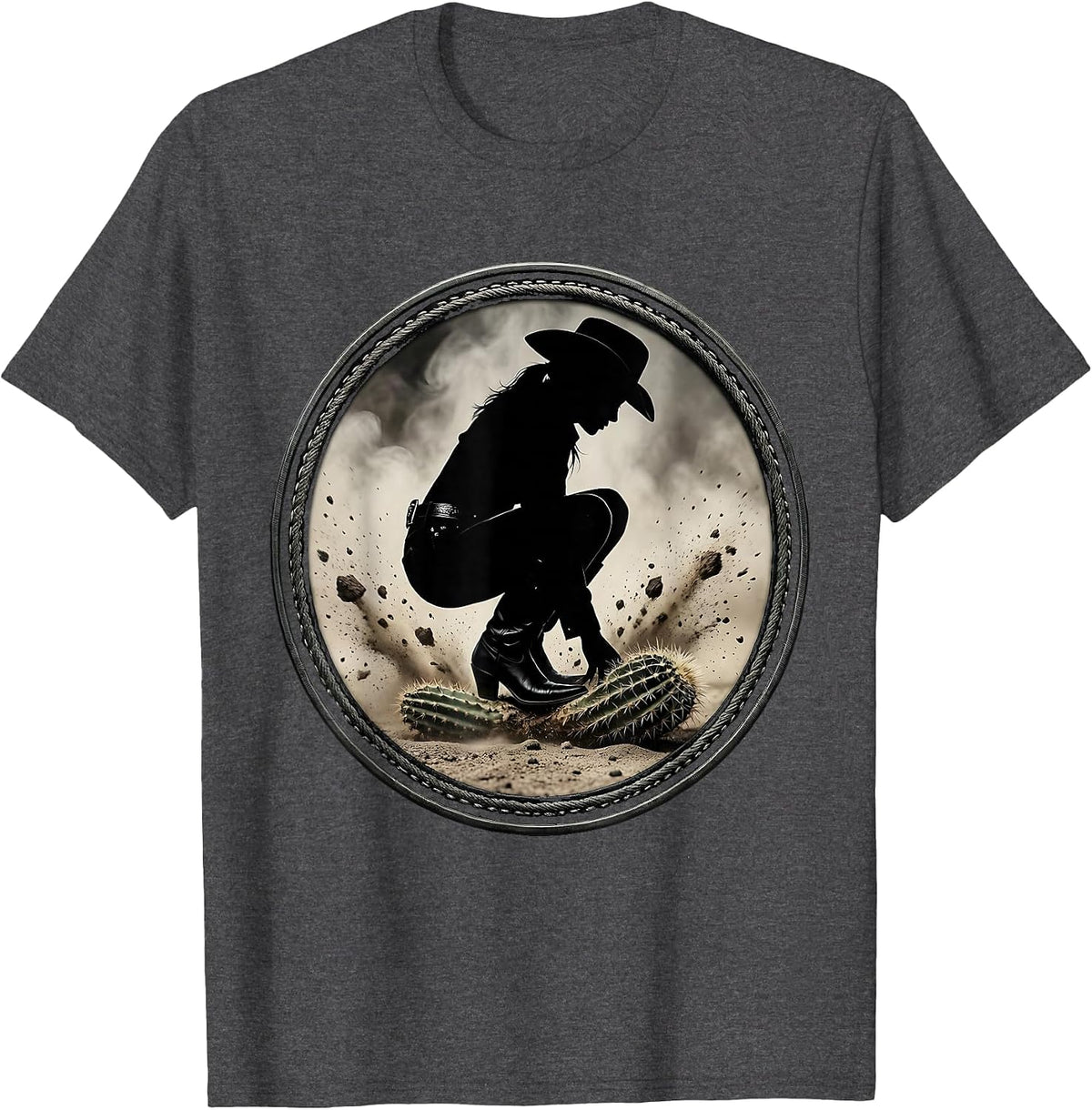 Cowgirl Boot Crushing Cactus Western Rodeo Graphic T-Shirt - Dark Heather Grey