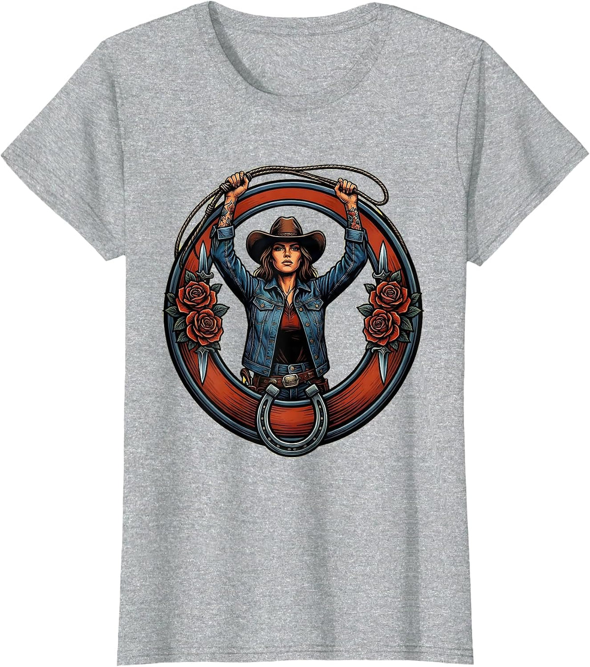 Denim Cowgirl Lasso Twirl Western Graphic Design T-Shirt - Heather Grey