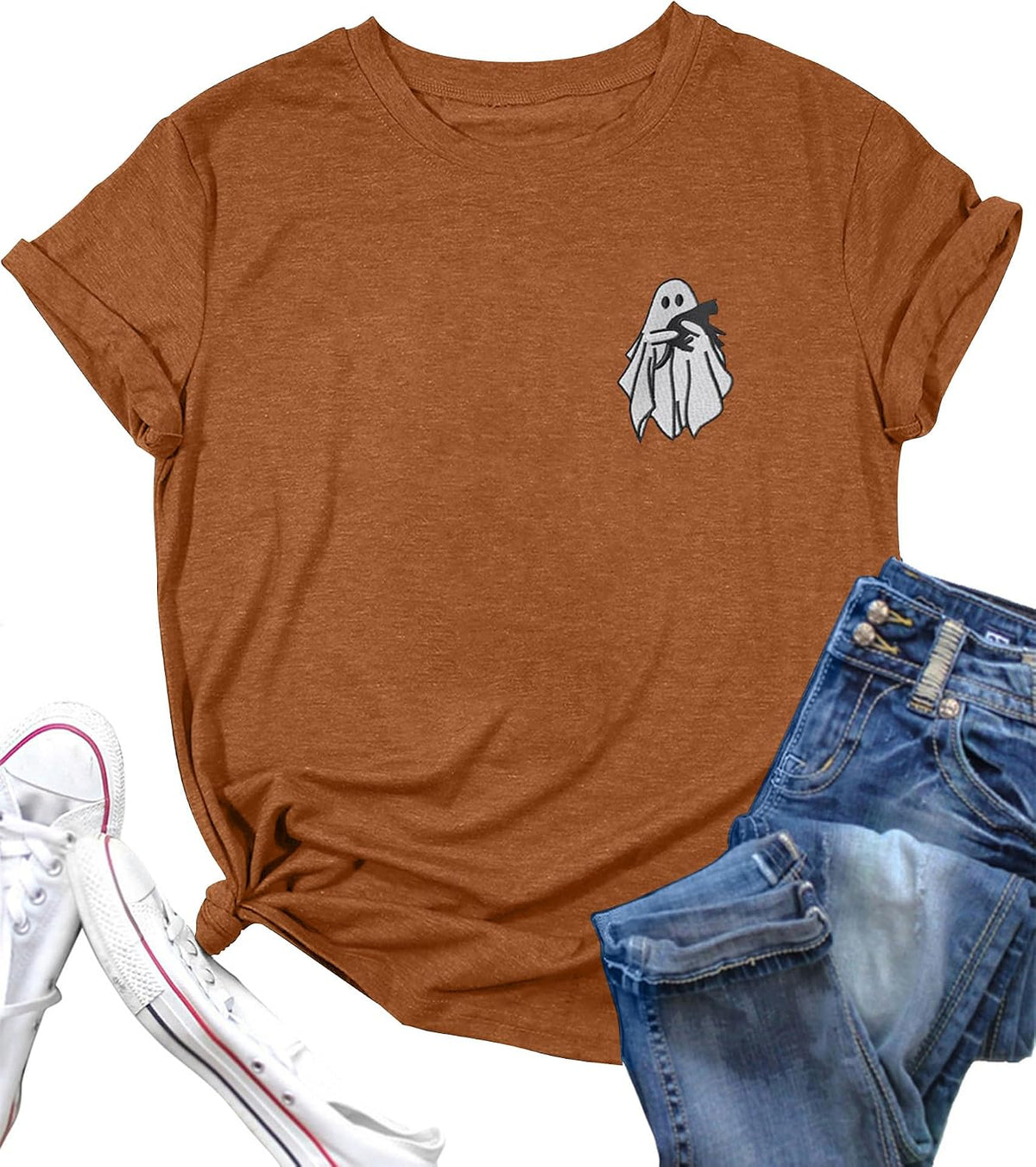 Halloween Shirts for Women Spooky Season Embroidered Ghost Tshirt - Brown(black Cat)