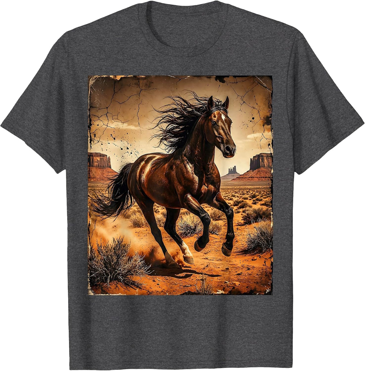 Men's Horse Galloping Desert Landscape Rodeo Graphic T-Shirt - Dark Heather Grey