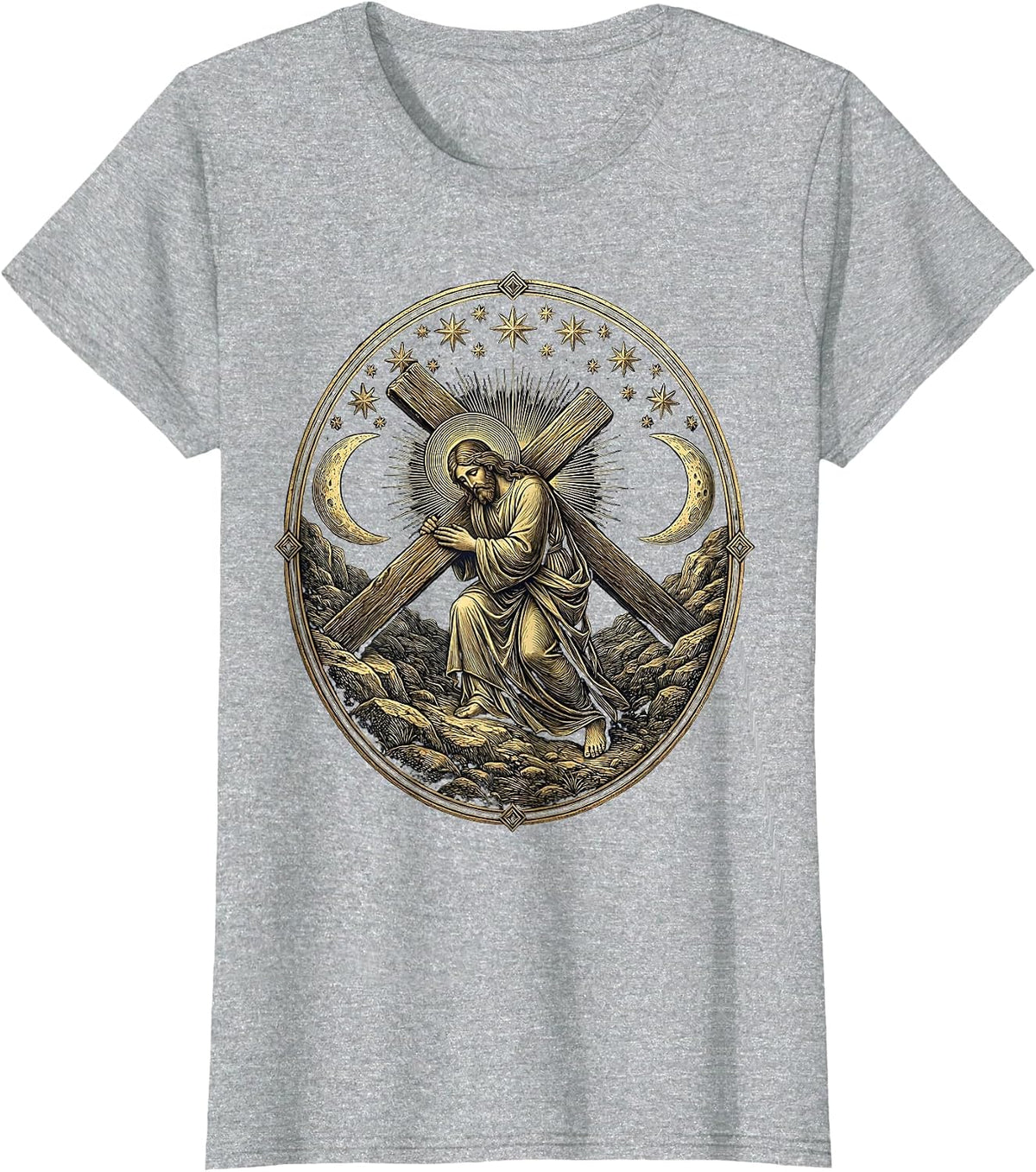 Bearded Jesus Carrying the Cross Uphill T-Shirt - Heather Grey